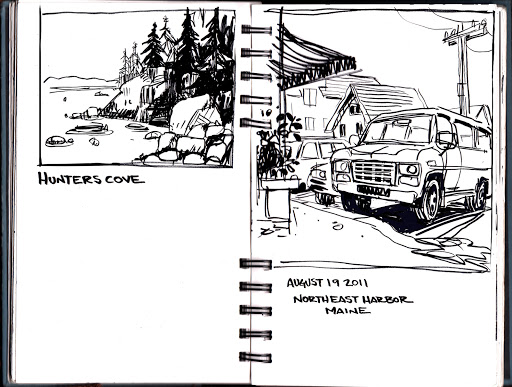 Ian’s quick sketches of Hunters Cove and the Skylands van on Main Street