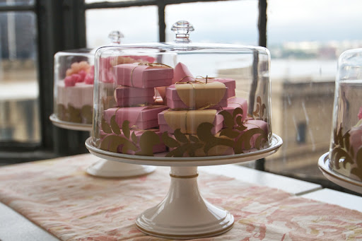 DIY favor boxes, from the cover of Weddings' summer 2013 issue, in Lisbon gold cake stand (Martha Stewart Collection at Macy's)