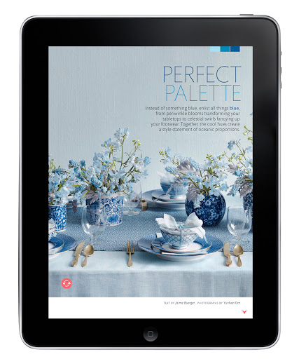 This cool palette of blues looks fresh for wedding-day details. That toggle button in the lower lefthand corner takes you to the next page.