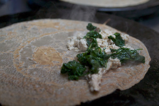 And fillings are added. This will be a chicken and spinach savory crêpe.