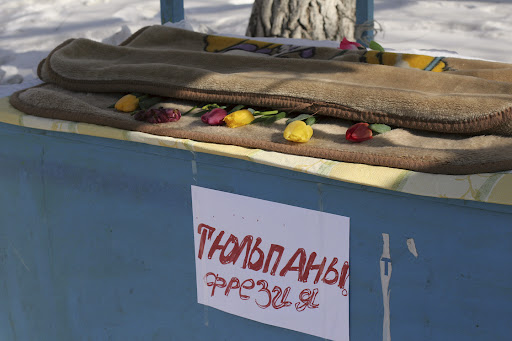 Tulips tucked away from the cold for sale on the streets of Astana. Photo Credit: Sophie Herbert