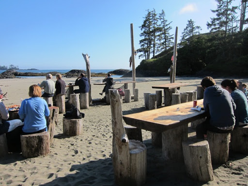 The picnic tables and stools are all made from drift wood and reclaimed wood.