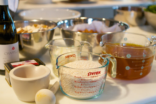 Other risotto ingredients included diced onion and a rich mushroom stock.