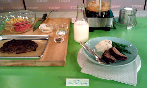 The first thing I discussed was the Lighter Blue Plate Special meatloaf. The beef sirloin is combined with finely chopped carrots, celery, onion, panko crumbs, and egg white and then brushed with your favorite barbecue sauce before baking.