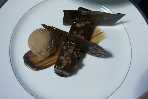 Dessert - Malted Mousse with Milk Chocolate Sorbet and Sea Salt, Flourless Chocolate Cake and Crisp Rice