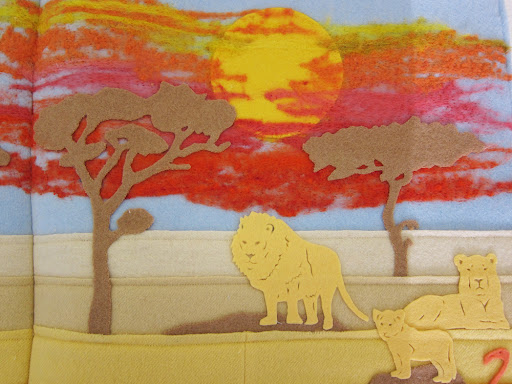 Acacia Trees against a needle felted sunset - The lazy lions are waiting for it to get dark.