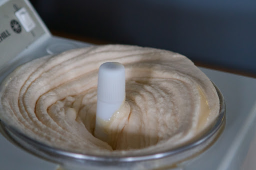 The ice cream maker transformed the liquid into an amazing sorbet, which was removed from the machine and placed in the freezer.