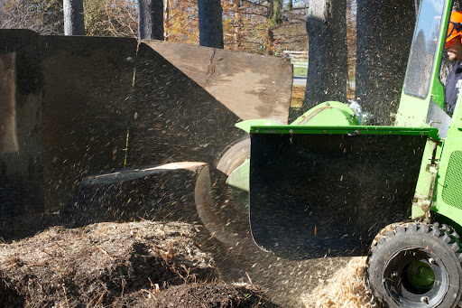 The disc moves back and forth across the stump eating away. The wooden barricade blocks the wood chips from flying.