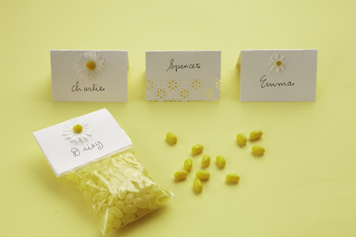 The same craft paper can be used for both place cards and the favor bags. Darcy used craft punches and added adhesive flower accents.