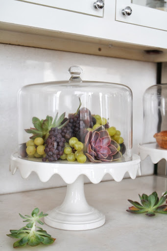 Summer Entertaining: Assorted fruits and succulents in the scalloped cake stand and dome (Martha Stewart Collection at Macy's)