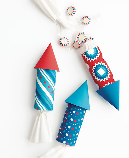 July 4th Rockets: Our lively candy-filled rockets make playful favors for Fourth of July parade-watching parties. Like so many other projects in this book, they are easy to put together with just a few basic supplies.