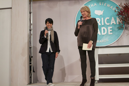 Makié Yahagi, one of our finalists, joined me on stage next to show off some of her lovely fashions that she sells at J.Crew and in Makié, her boutique in New York City's SoHo district featuring her handmade clothes for infants, children, and women, as well.