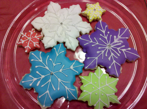 These are lemon-vanilla bean snowflake sugar cookies decorated with royal icing. Carrie Metz from Waldorf, MD baked 76 of these and gave them as teacher gifts.