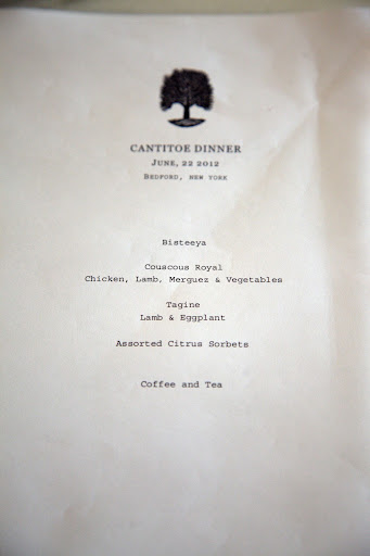 The dinner menu: Bisteeya - Couscous Royal with Chicken, Lamb, Merguez, and Vegetables - Tagine of Lamb and Eggplant - Assorted Citrus Sorbets - Coffee and Tea