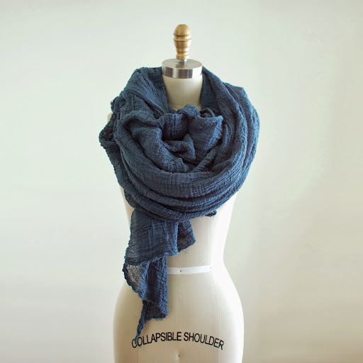 Trained as an architect, Martha McQuade of Scarfshop dyes these scarves by hand in her Minneapolis, Minnesota, studio. I would order the large size in navy or almost black. It’s a nice winter accessory.