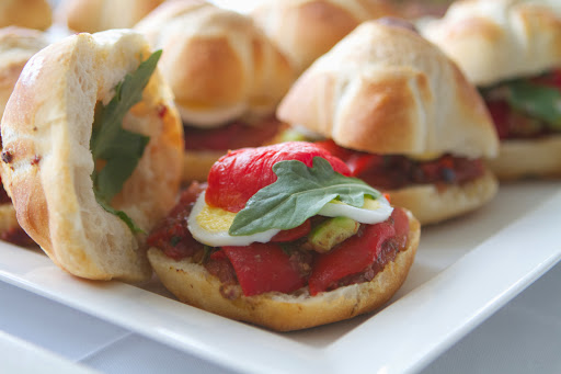 A vegetarian option was Nicoise pan bagna, made with tomato confit, celery, cucumber, olives, hard boiled egg, arugula, basil, and a red wine vinaigrette. It was served on a special home made bread called Rosetta from Pierre's friend's restaurant SD26. http://www.sd26ny.com/