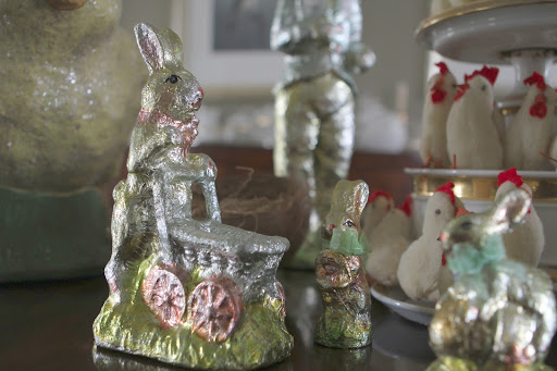 These look like foil-covered chocolate bunnies, but they're actually made of ceramic and decorated with foil.
