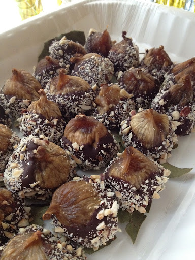 There are also figs stuffed with a whole roasted hazelnut & chocolate ganache, dipped in chocolate with crushed hazelnuts on a bay leaf.