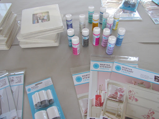 There were three craft stations. One station was to embellish plain wooden frames, purchased at Michaels. Crafters worked with Martha Stewart Craft Paint, silkscreens and stencils, and foam pouncers.