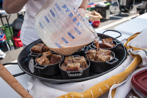After a practice bake, they came out scorched around the sides. Lynn solved that by putting the ramekins in a larger paella pan with a water bath.