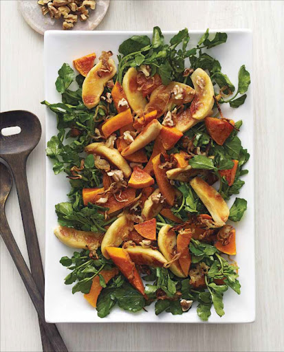 Roasted Squash, Apple, and Cipollini Onion Salad - This colorful salad is a cinch to make–the oven does most of the work–and is loaded with nutritious vegetables and fruit, notably watercress and roasted squash and apples.