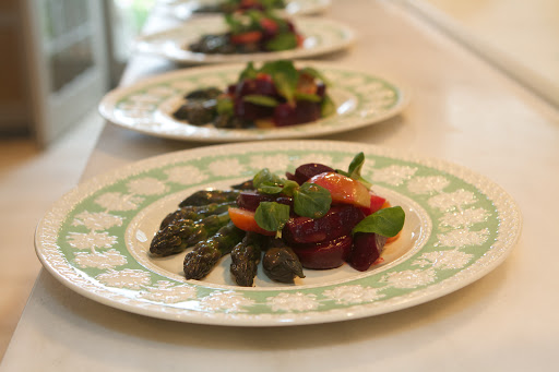 He then drizzled the vegetables with a very tasty vinaigrette. These gorgeous dishes are also antique Wedgwood.