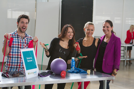 The energy of the very friendly and fit crew at Body by Simone inspired several MSLO employees to sign up for a few sessions of the Body Bands class - Training experts Anthony Johnson, Sarah O'Gleby, Simone, and Rachel Stewart, Merchandising Marketing Production Associate.