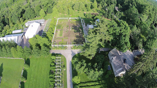 Another look at the flower garden. To its left is the equipment shed, hoop house, vegetable greenhouse, blueberry garden and hay barn. To the immediate right is the main greenhouse, though covered by trees in this photo.