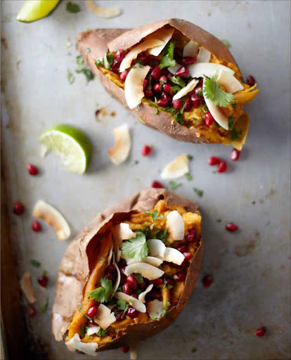 Sweet Potatoes with Coconut, Pomegranate, and Lime - Roasted sweet potatoes go from simple to sublime with exceptional toppings. This one has Middle Eastern flavors: coconut (milk and flakes) pomegranate seeds, cilantro, and lime juice.