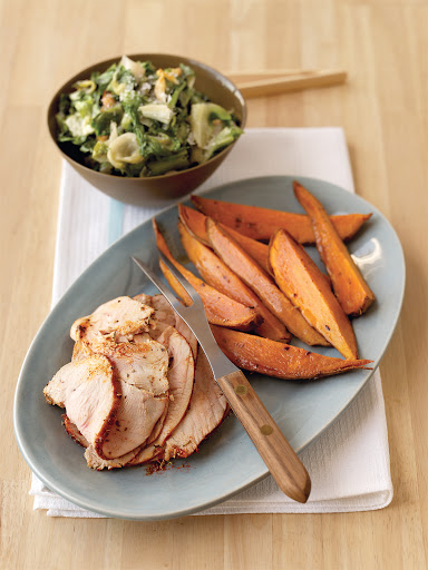 Spice-Rubbed Turkey Breast with Sweet Potatoes - A flavor boost comes from a mixture of rosemary, paprika, and lime juice rubbed over lean turkey before roasting. Sweet potatoes cooked alongside soak up the flavorful pan juices.