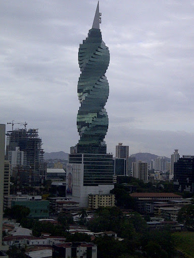 This is the Revolution Tower, one of the new office buildings in Panama City. This corkscrew design is a banking and trade center for Latin America.