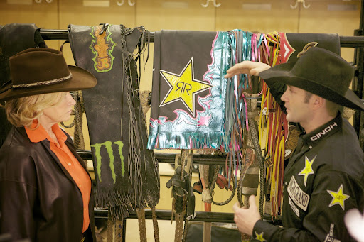 Shane explained to me that leather chaps protect the cowboy's legs from both the bull and the unforgiving steel chutes.