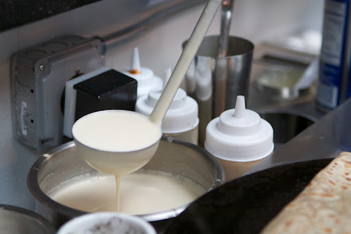 Crêpe batter is very basic, but I told Bonnie that the secret is to refrigerate it overnight. Refrigerating the batter after it’s been mixed, “relaxes” the gluten and makes for light, airy crêpes.
