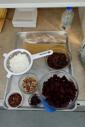 We also made Pasta with Beets and Ricotta, in which whole-grain spaghetti turns garnet when tossed with a puree of beets and sun-dried tomatoes. Toasted walnuts add nutrients and flavor to the dish.