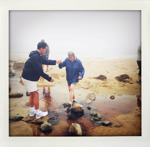 Hiking in the rain and traversing a river on the way to Great Head - We were all soaked to the skin that morning.
