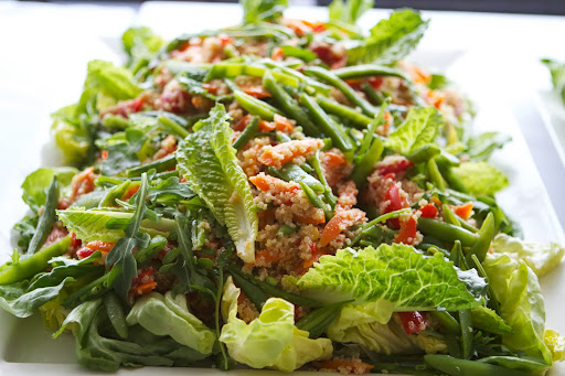 Pierre makes fabulous salads. This one is a quinoa salad with sugar snap peas, caramelized carrots, and roasted red peppers.