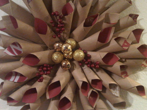 Marie Buck from Los Angeles, CA used paper bags, extra ornaments and a hot glue gun to assemble this wreath.