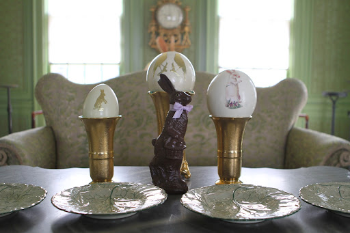 These hollow ostrich eggs are decorated with stickers and what looks like a chocolate bunny is actually made of a type of plastic.