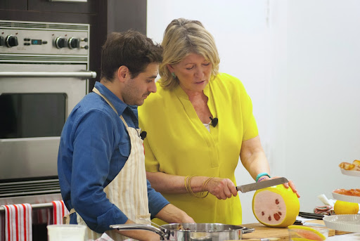 Here I am cutting into a pomelo for the citrus salad. A pomelo is the largest citrus fruit and tastes similar to a sweet, mild grapefruit.