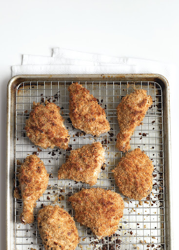 Oven-Fried Chicken - Baking the lightly breaded pieces on a wire rack results in 'fried' chicken.