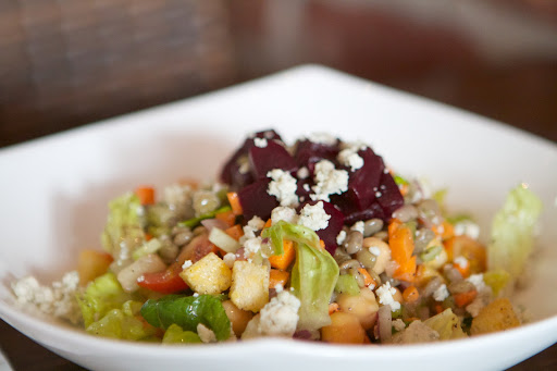 This is the Lentil Chopped Salad, a mix of French green lentils, beets, celery, carrots, onion, and blue cheese.