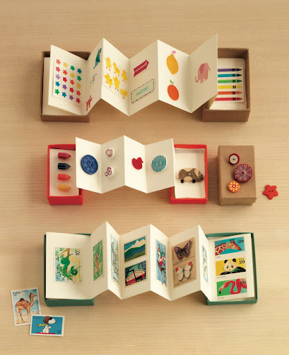 Accordion Boxes: Small cardboard jewelry boxes are a natural choice for containing whatever tiny treasures children happen to gather - stamps, buttons, stickers, and such. These accordion boxes give their collections a home of their own.