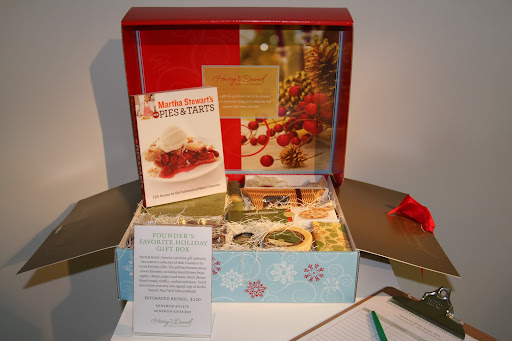 Founder's Favorite Holiday Gift Box from Harry & David—Royal Riviera Pears, apples, cheese, pepper and onion relish, Moose Munch snack, truffles, cookies and more, plus a signed copy of Martha Stewart's Pies & Tarts cookbook.
