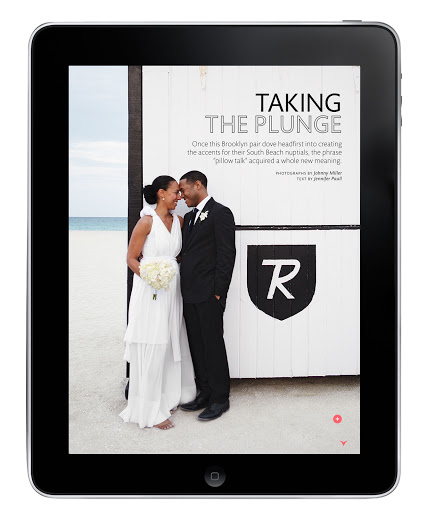 This is the story of a Brooklyn couple who wed in a modern fête in Miami. Readers can recreate the look of some aspects of their wedding using our iPad crafts and clip art, and they can view extra photos of the couple’s wedding that didn’t run in the magazine.