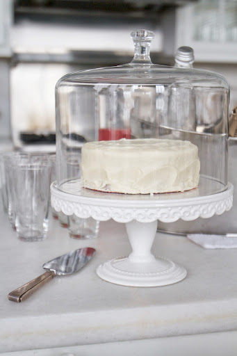 Dessert for Breakfast: Red velvet cake (from $35, Billy's Bakery) in the embossed cake stand and dome (Martha Stewart Collection at Macy's, $75)