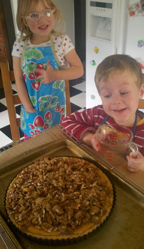 Nora Singley - My twin niece and nephew, Charlotte and Oliver, in Long Beach, CA. We baked Thomas' Pumpkin Tart with streusel topping. Needless to say, they were pretty excited - an excellent first memory of pumpkin pie!