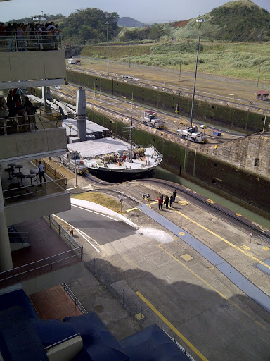 This is a view of a ship entering the lock from the 4th floor of the Miralflores Locks Visitor Center. The Panama Canal has three sets of Locks, two situated near the Pacific coast (Miraflores & Pedro Miguel), and the third along the Atlantic (Gatun).