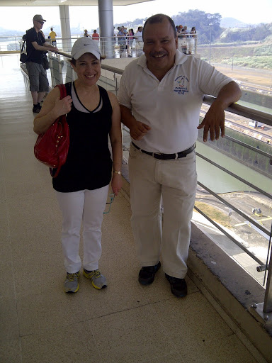 This is Daphne Semet and her wonderful guide, Ivan Vargas, at the Miraflores Locks Visitor Center. From the center, there's a great view of the locks in operation and also plenty of history of the Panama Canal.