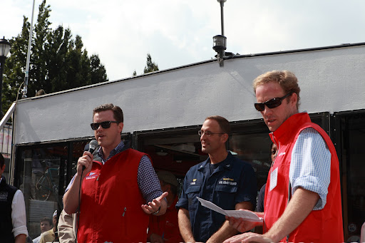 MSNBC's Willie Geist speaking at the Skippers Meeting along with a US coast Guard Representative and Murray Fisher