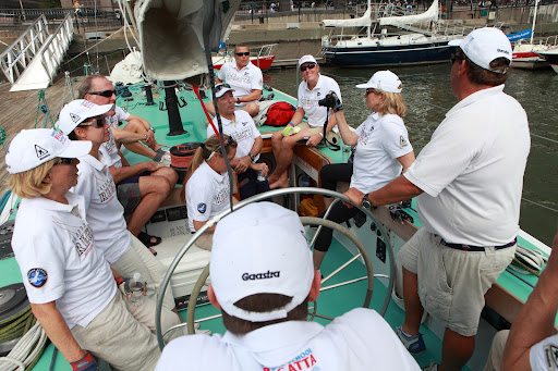 Here we are having the all important before sail crew meeting (from L to R) Ellie Burgess, Hannah Swett, Gary Van Dis, Melissa Purdy (hidden), Suzy Leech, Tom Cagnina, Dawn Riley, Joan Porter, me, and an Intrepid representative.